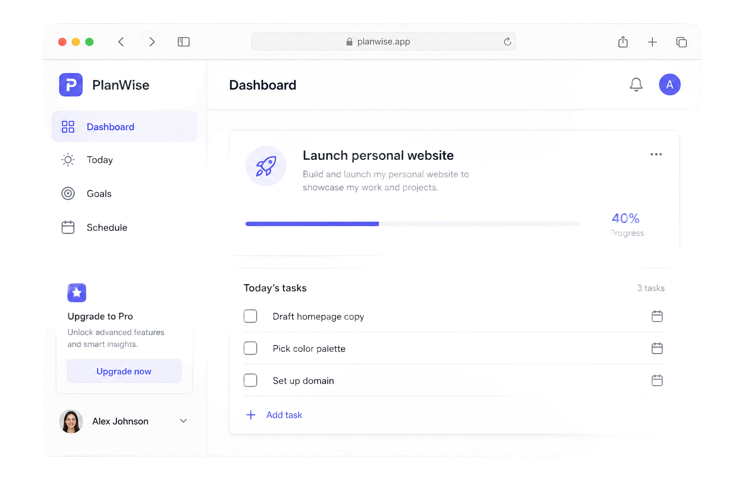 PlanWise dashboard showing a goal with progress and today's tasks